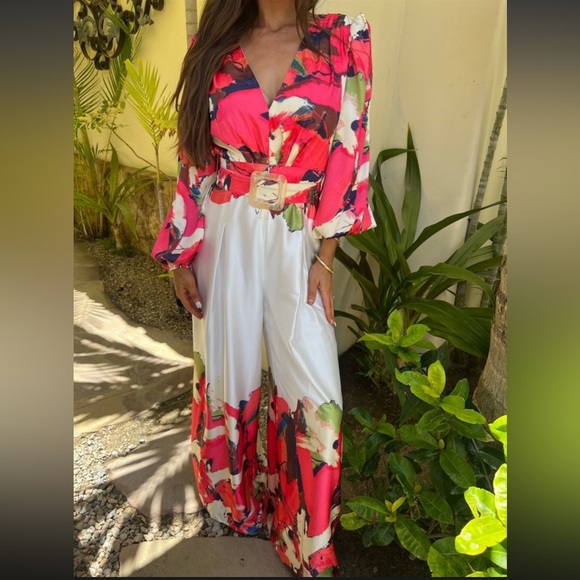 These Three Boutique Pants - These Three Boutique floral white satin belted jumpsuit NWT